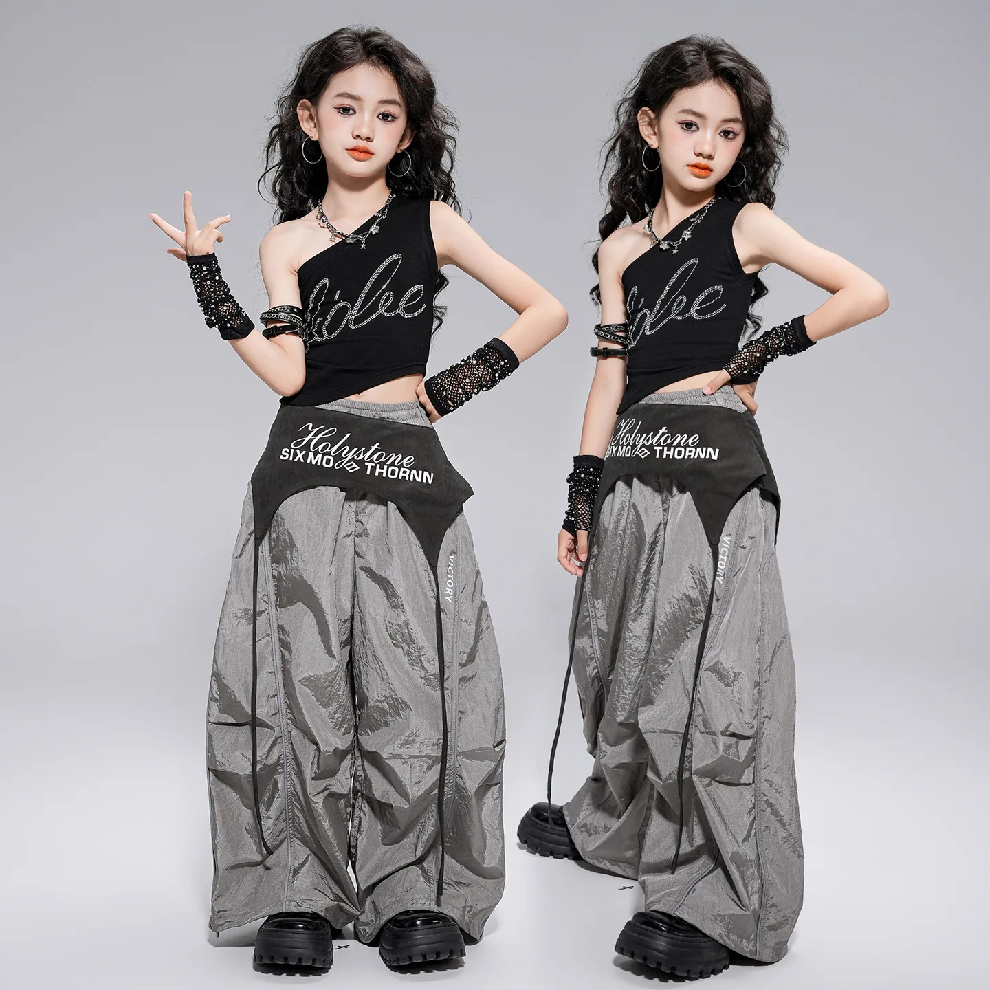 Vestito da ballo jazz per ragazze Abiti da spettacolo di moda Gruppo di danza Kpop Abiti hip-hop Pantaloni estivi neri Costumi di danza di strada