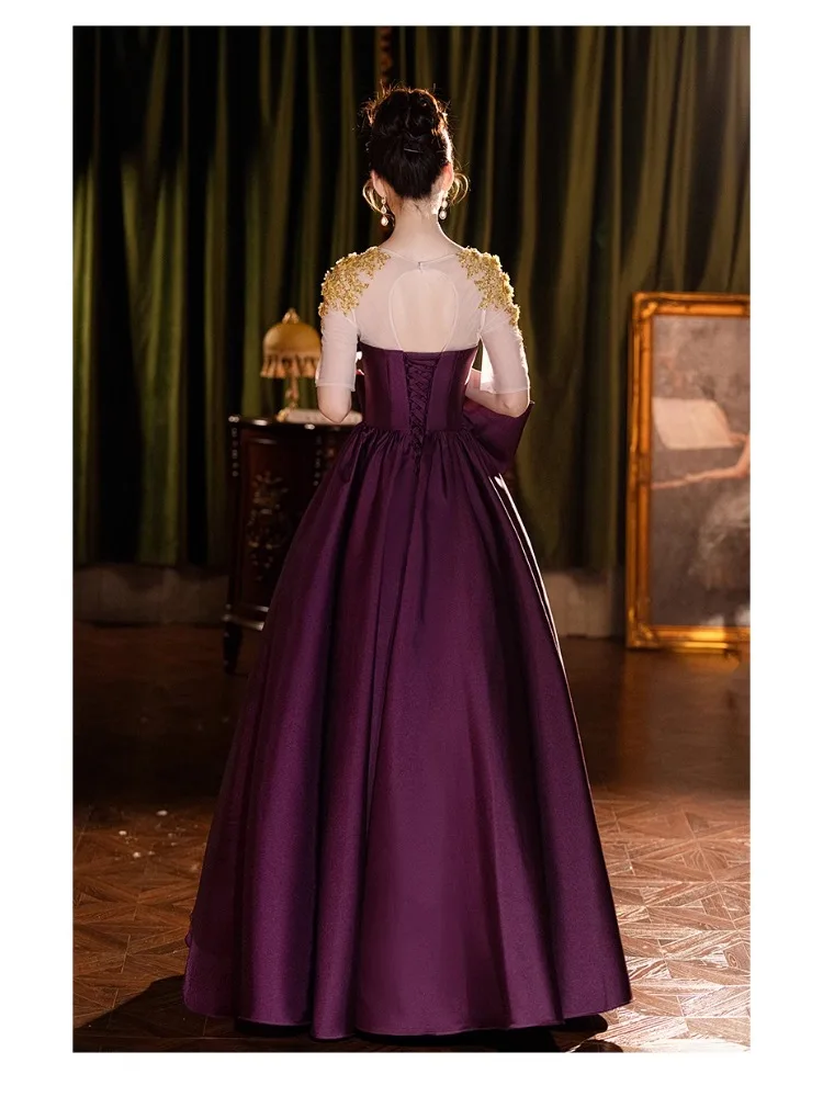 أنيقة الأرجواني ألف خط فساتين حفلات طويلة طاقم الرقبة مع القوس الكبير مساء حزب ثوب مساء اللباس مخصص فستان المناسبات الرسمية