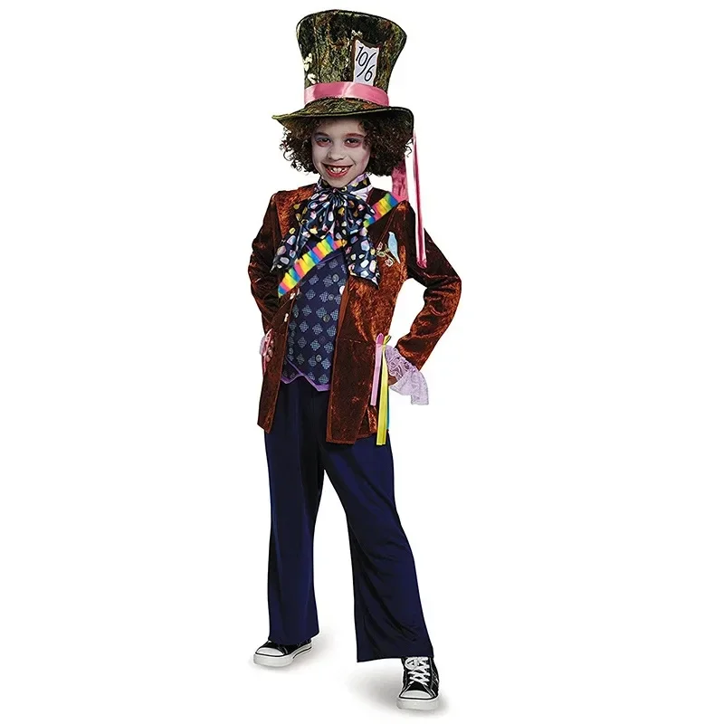 Alice in Wonderland Cosplay Mad Hatter Costumes for Men Kids Carnival Party Outfit Suit with Top Hat Halloween Roleplay Clothing