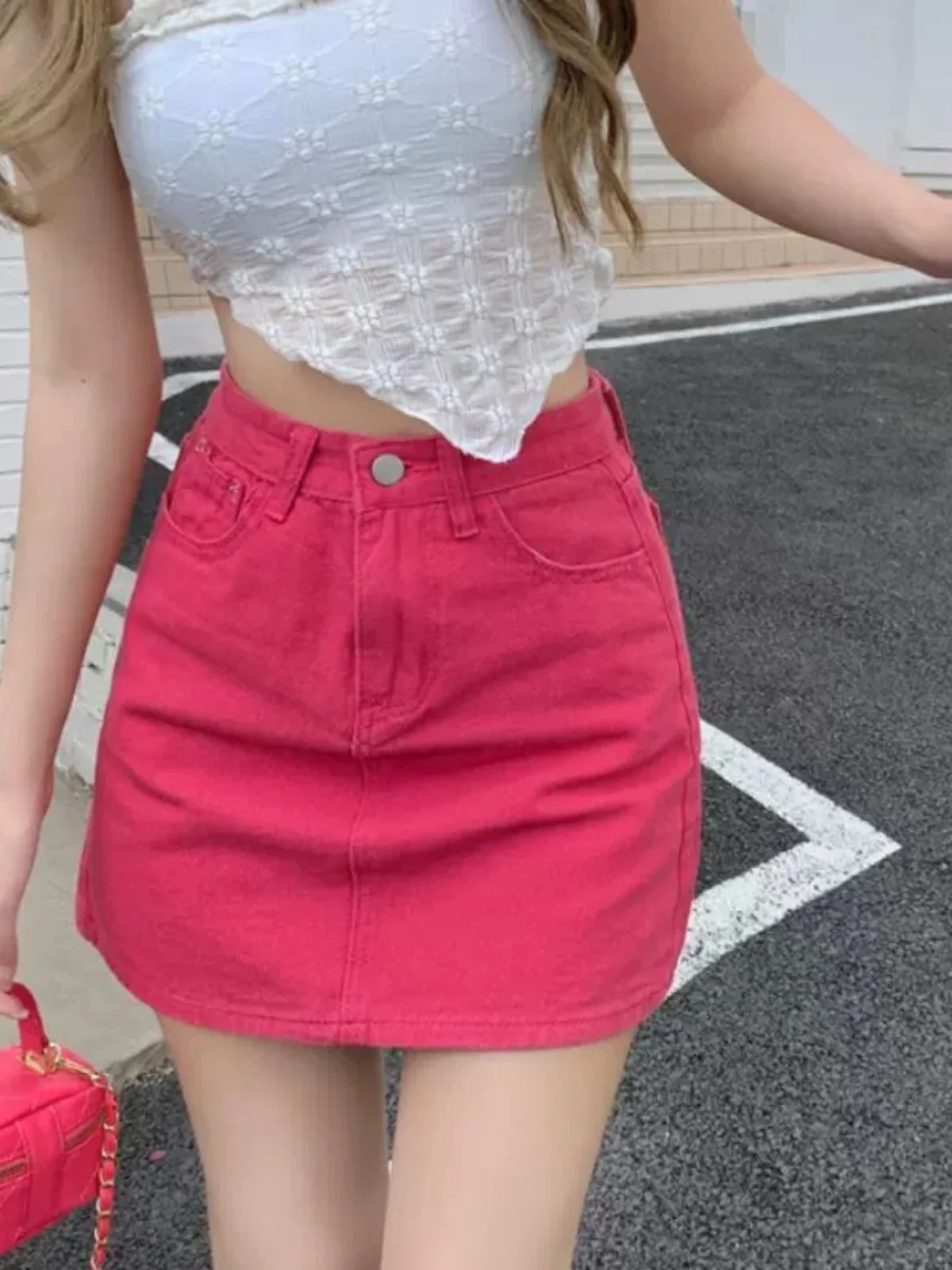 Pink Halter Neck  Dress Women's High Waist Denim Skirt Bodycon Short Skirt Korean Style Pure Color Commute A-Line Skirt