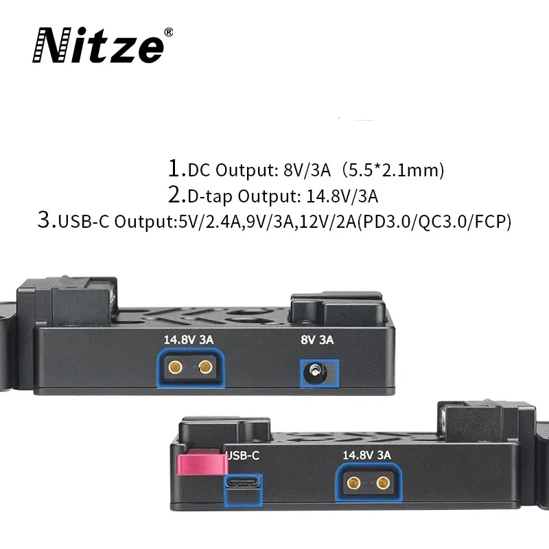 Nitze Piastra Batteria V Mount Con Morsetto 15mm | Uscite DC, D-Tap E USB-C PD 3.0