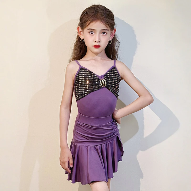 

Kids Latin Dance Dress Girls Practice Clothing Purple Sequin Suspender Dress Rumba Samba Dance Performance Clothes Suit DNV24029