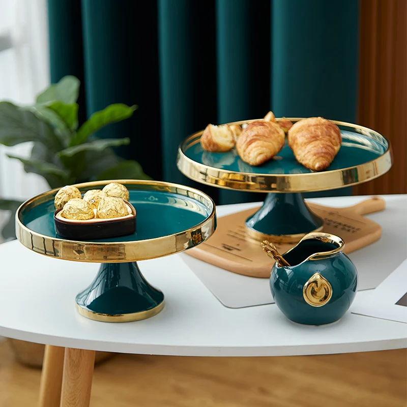 Gold-plated Ceramic Cake Tray Dessert Table Display Stand Pastry Bread Fruit Plate Glass Cover High Jewelry Tea Cup Food Table