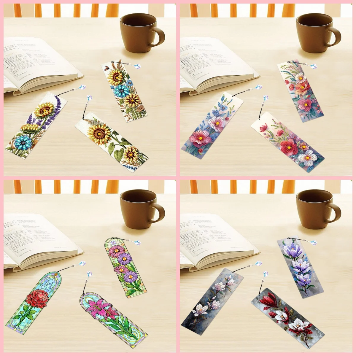 3-Piece Diamond Painting Set Bookmark Flower Series Acrylic Material Is Used for School Season Bookmarking, Holiday Gifts