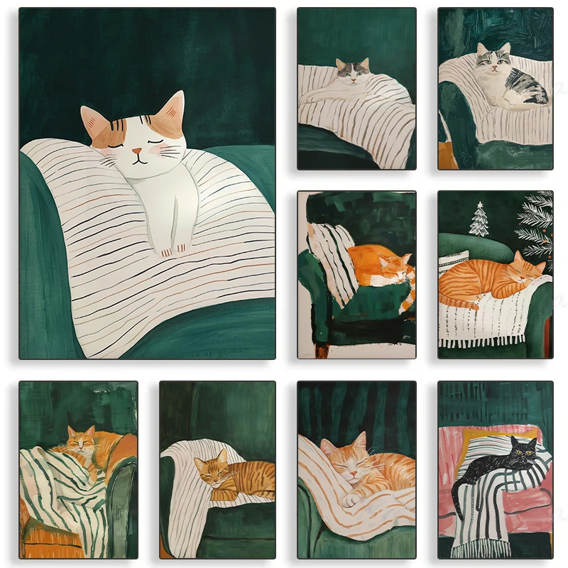 1pc frameless Canvas Painting Sleeping Cat Kitten Dark Green Posters and Prints Canvas Printing Minimalist Wall Art Picture for