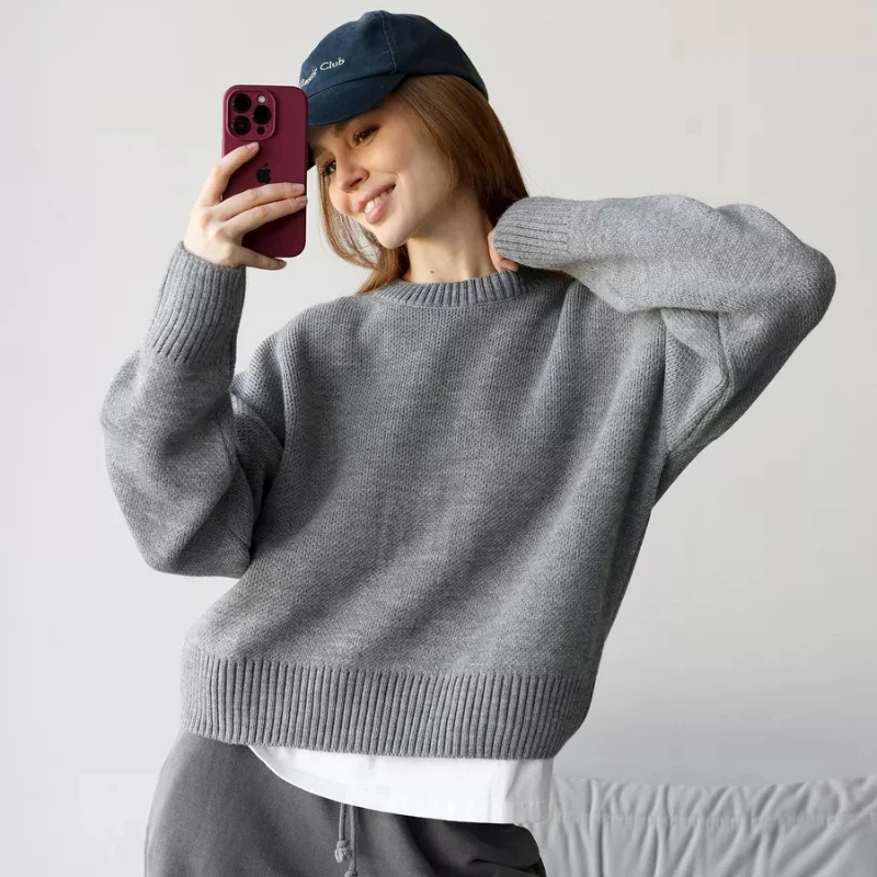 

Женские свитера, вязаные с длинными рукавами и круглым вырезом, пуловеры, джемперы, прямые, элегантные, женские, повседневные, осень 2025 г.