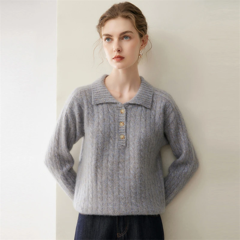 Thickened floral yarn lapel cashmere sweater women's autumn and winter new soft waxy warm sweater fashion Fried Dough Twists kni