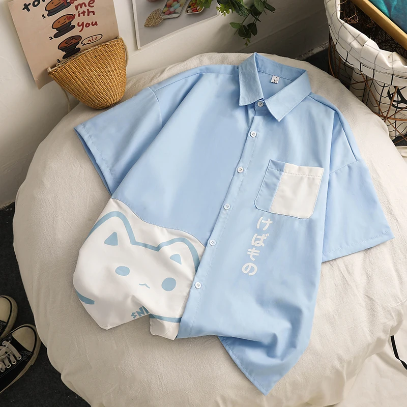 2025 Summer and Autumn New Japanese Style Trendy Cartoon Blue Pink Long Sleeve Shirt Men's Loose White Short Sleeve Casual Shirt