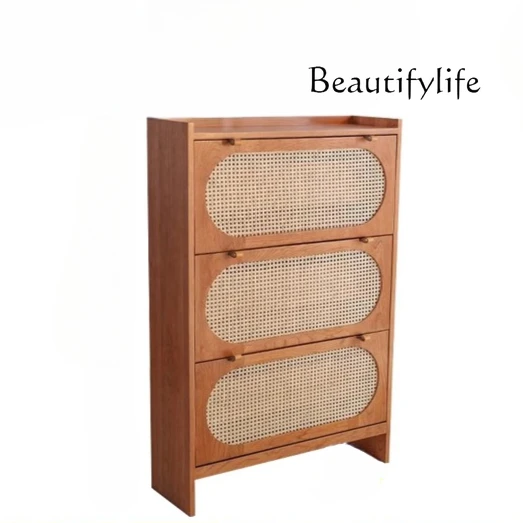 Nordic all solid wood cherry wood tipping bucket shoe cabinet rattan large capacity modern simple log wind porch cabinet