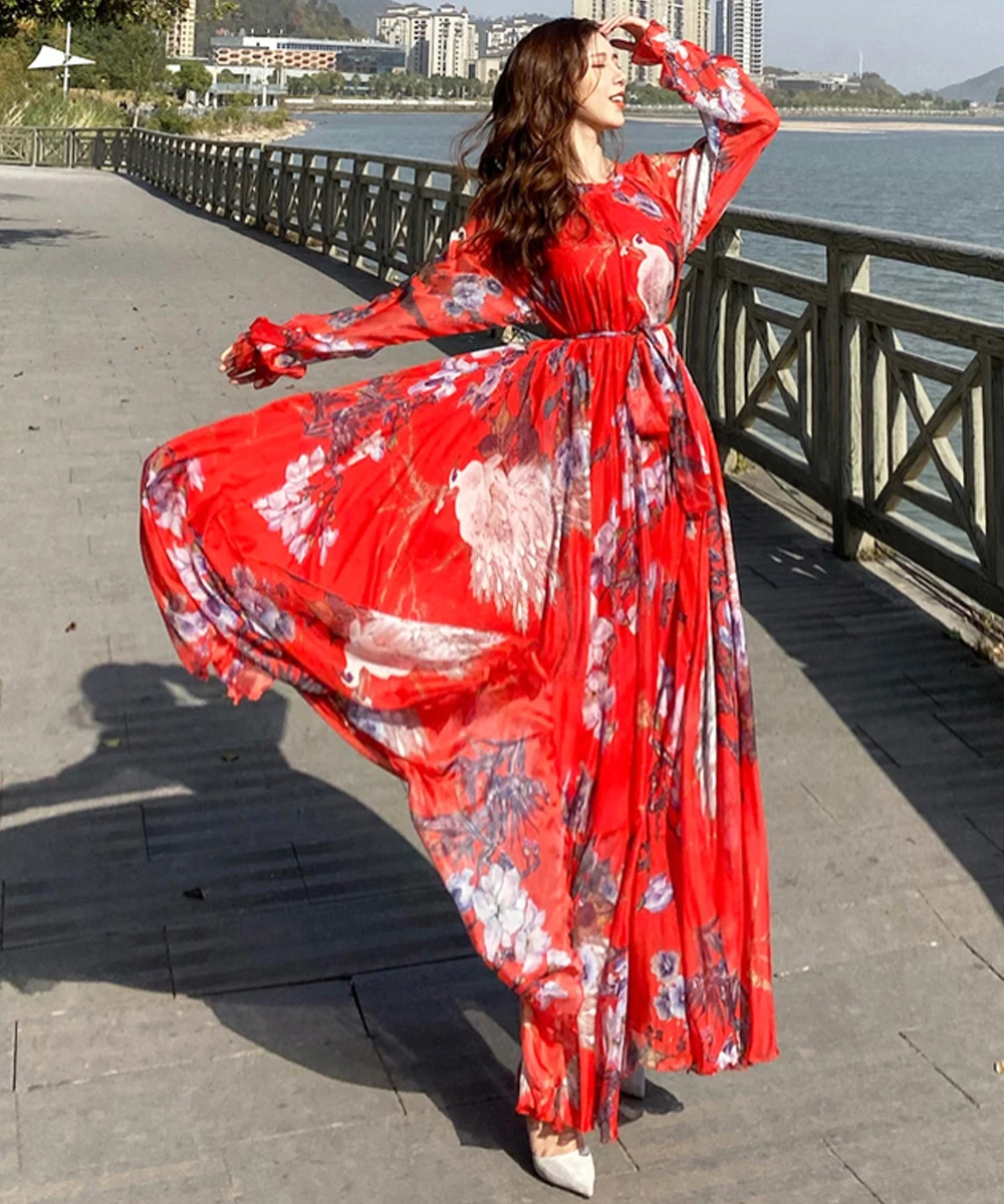 New Fashion Peacock Print Maxi Dress Women Sundress Abaya Dubai Hijab Chiffon Muslim Dresses African Turkey Islam Kaftan Robe