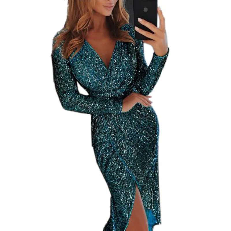 8 Colors Autumn Sequined Midi Plus Size Dress Suit Long Sleeve Christmas Party Women Dress Club Pencil Gold V Neck Dress