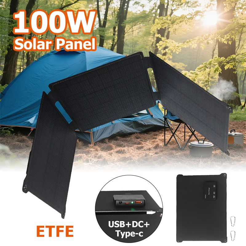

100W ETFE Folding Solar Panel Type C+USB+DC Interface Output Solar Folding Charger Power Bank for Outdoor Travel Camping