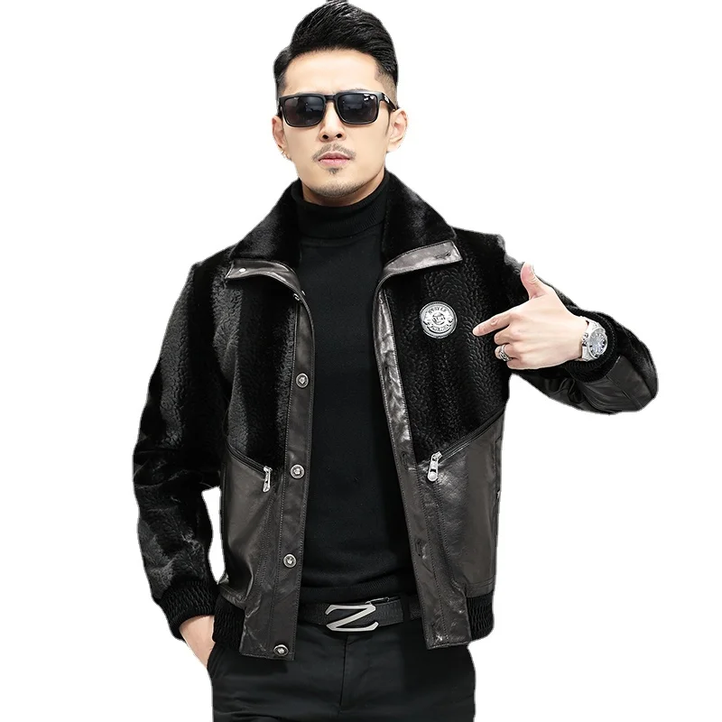 Autumn Winter New Mink Velvet Coat Fashion Mens Thickened Real Sheepskin Jacket Genuine Leather Fur Overcoat Black Men Clothing