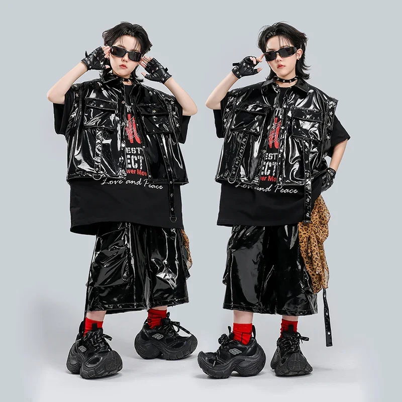 Kid Kpop Hip Hop Clothing Black Shiny Faux Leather Rivet Vest Strap Wide Cargo Shorts for Girl Boy Street Dance Costumes Clothes