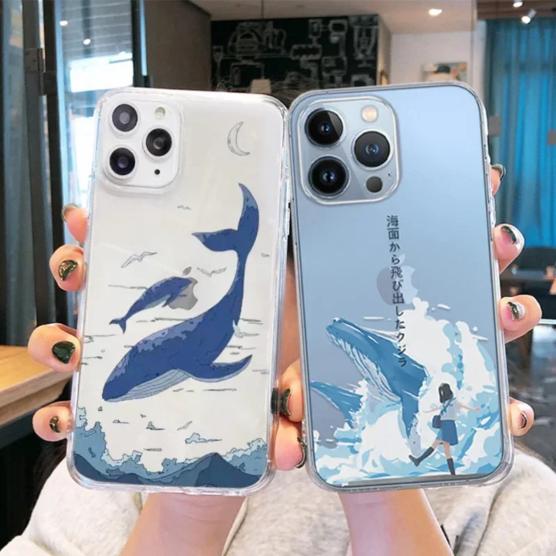 Japan Landscape The Sea Whale Clear Phone Case for iPhone 16 15 12 13 11 14 Pro MAX XR 13Mini 7 8 15Plus Transparent Soft Covers