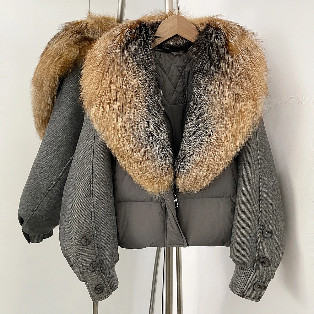 White Duck Down Jacket Women Autumn Winter Warm Loose Patchwork Sleeves Natural Real Fur Collar Coat Female Thick Puffer Jacket