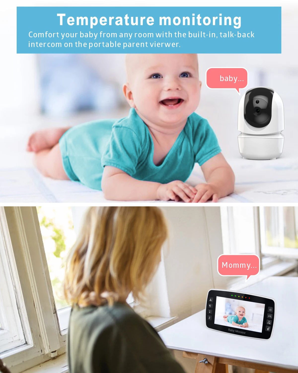 New Baby Monitor 4.3Inch Wireless With PTZ Camera High Security Camera Night Vision Temperature Monitoring Baby Two camera