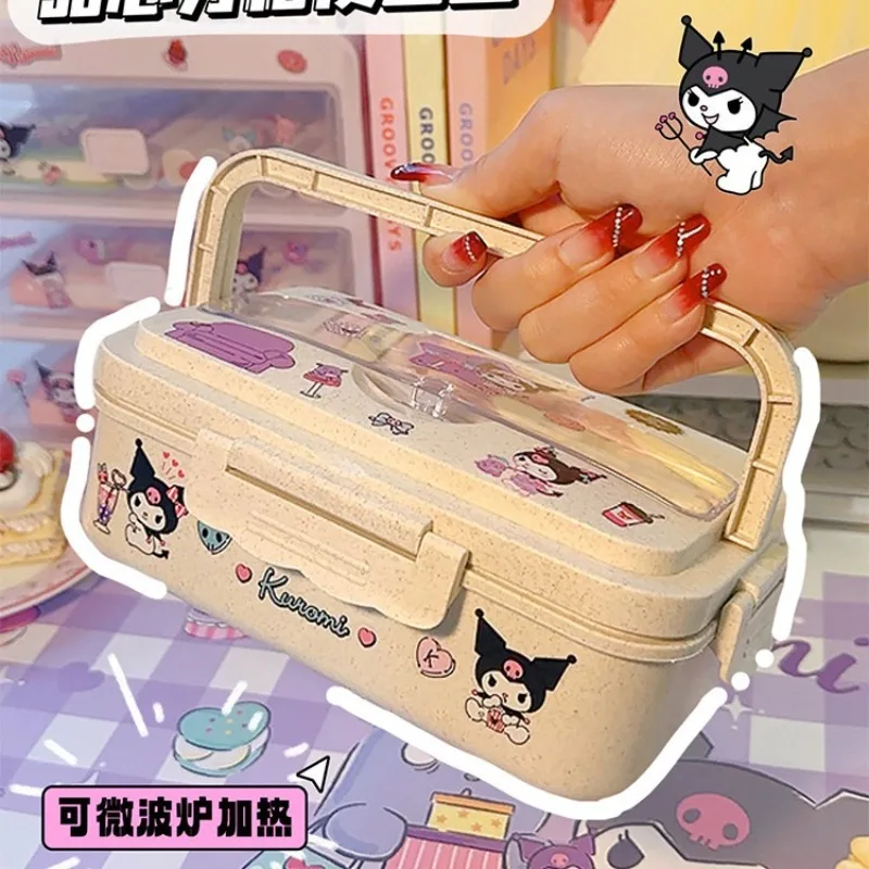 Sanrios My Melody Kuromi Portable Compartmented Wheat Straw Lunch Box New Anime Kawaii Large Capacity Student Portable Lunch Box