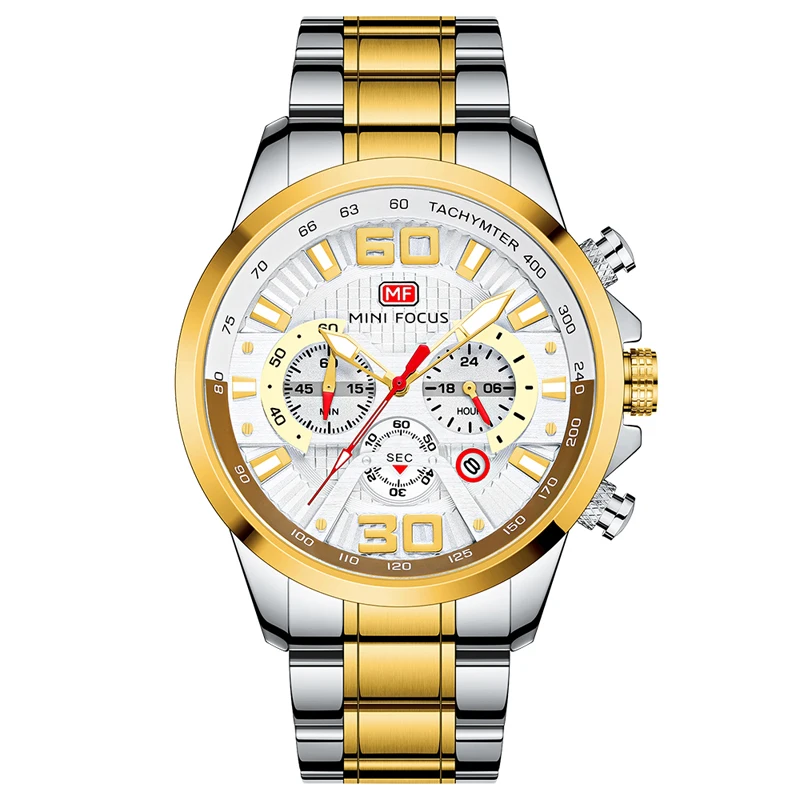 

Mini Focus MF0336G Men Quartz Wrist Watch Gold Silver Luxury Stainless Steel Band Calendar Chronograph Waterproof Watches