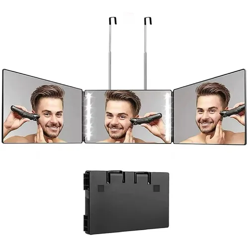 Espejo LED con tres pliegues, espejo de corte de pelo con luz, altura ajustable, espejo de corte de pelo de 3 vías, vidrio HD, luces LED de espejo de 3 vías