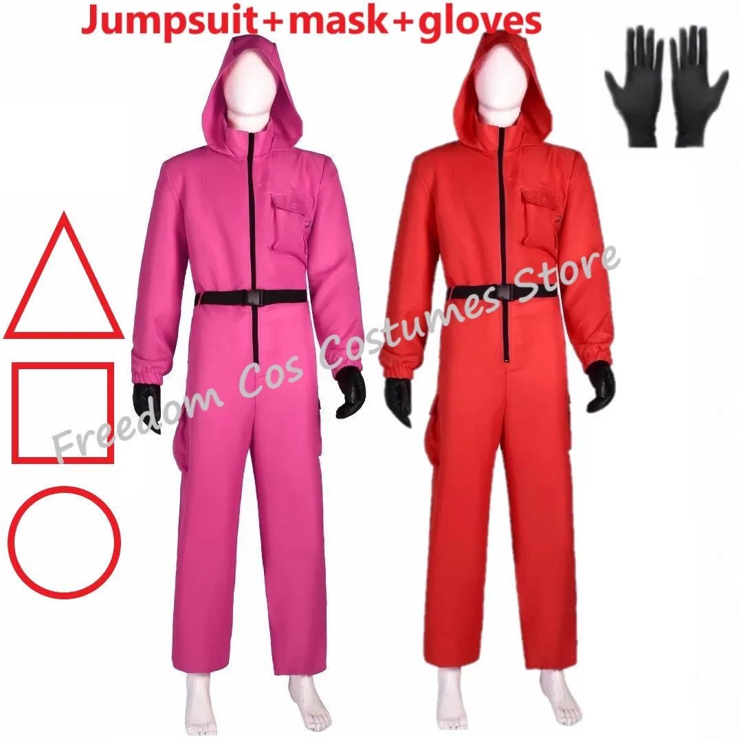 

Calamari Game Guard Cosplay Costume Red Jumpsuit Outfit Adult KidsTeenagers Tracksuit Hooded Overall Gloves mask Set Halloween