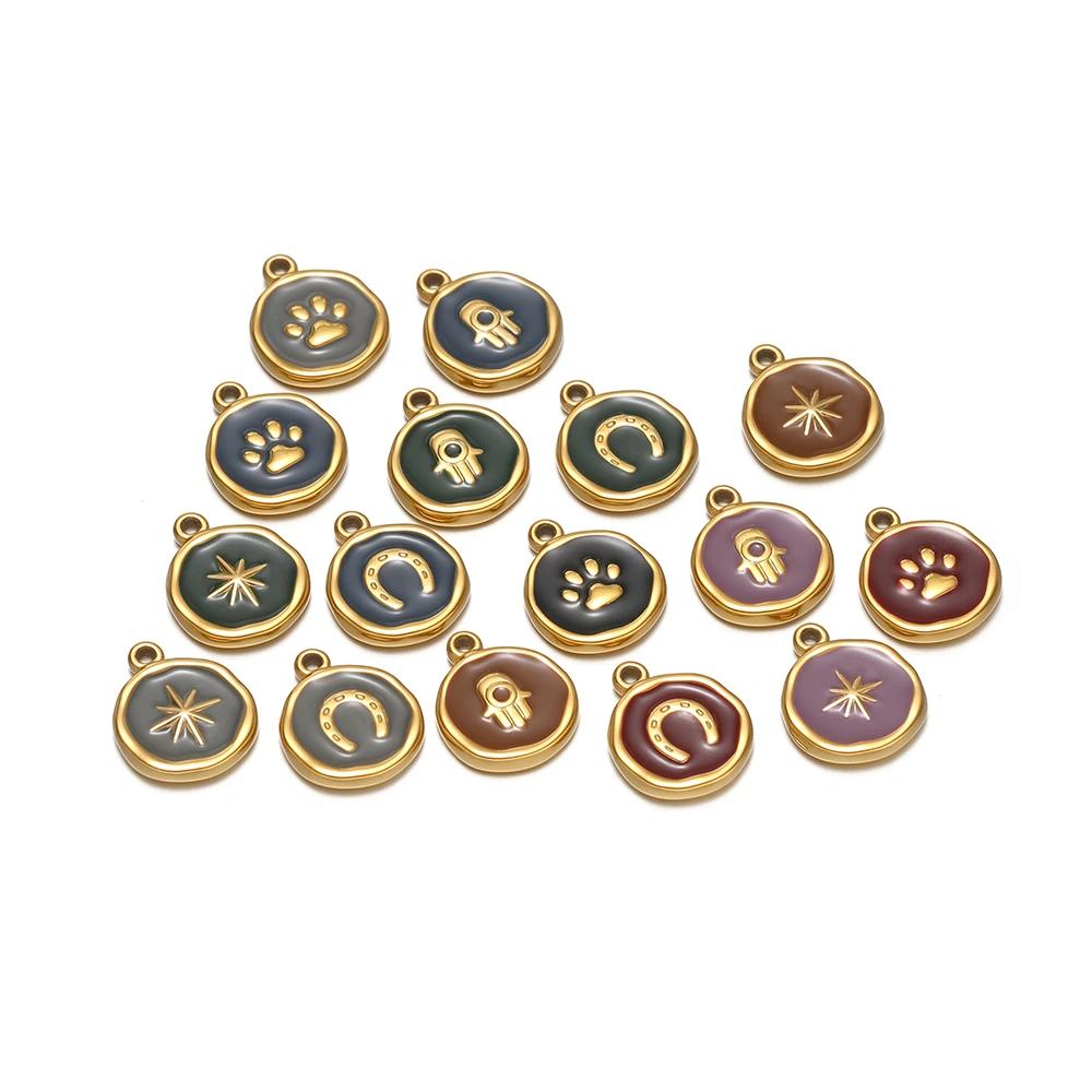 5Pcs Stainless Steel Round Enamel Charms Hamsa Hand Pendant for DIY Necklaces Jewelry Making Bracelet Findings Earrings Supplies