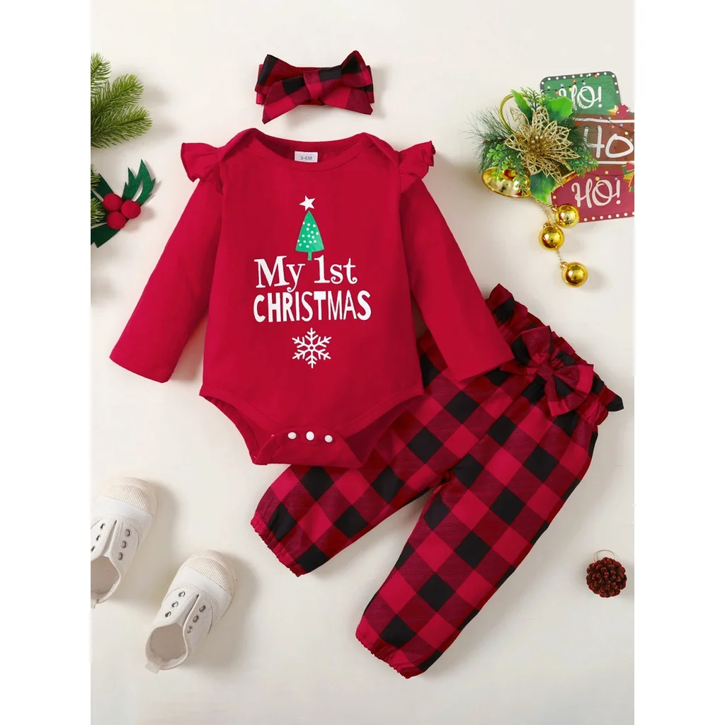 Baby Girl Christmas 3Pcs Outfit Sweet Cute Ruffle Bodysuit Plaid Pants Bow Headband for 0-18 Months Infant Xmas Clothing Set