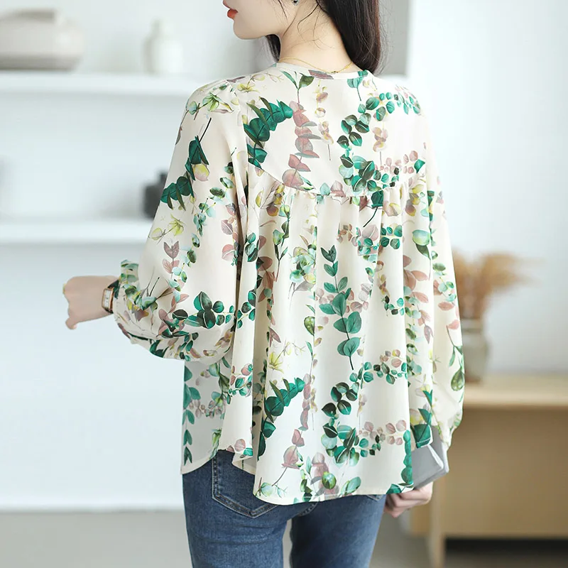 Women\'s Clothing Chic Print O-neck Long Sleeve Shirt Autumn Casual Loose All-match Chiffon Blouses Office Lady Elegant Sweet Top