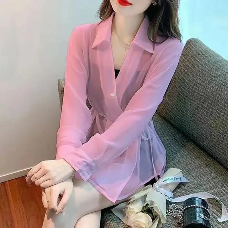 Fashion Lapel Button Solid Color Gauze Bandage Shirts Female Clothing 2024 Spring Summer New Loose All-match Tops Casual Blouses