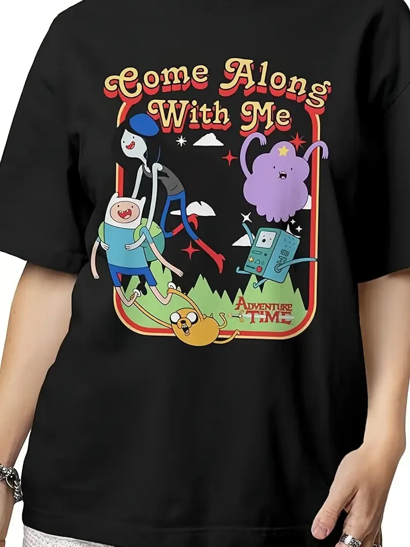 

Pure Cotton T - Shirt with Adventure Time “Come Along with Me” Graphic Fun Cartoon Crew Design Print New Arrival Tee S-4XL