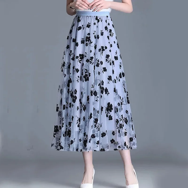 Korean Women Mesh Skirt Fashion Hook Flower Loose Midi Skirt Elegant Female Casual Sirts All Match Skirts Summer New