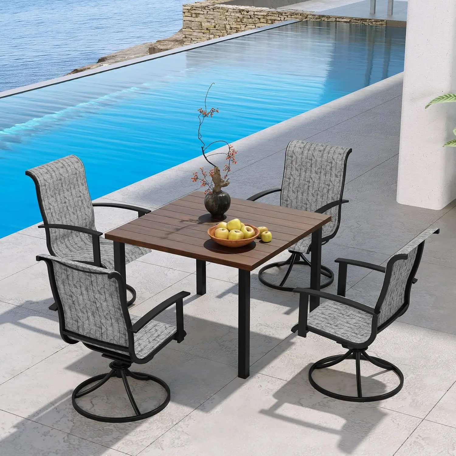 5-Piece Outdoor Dining Set for 4 with Swivel Chairs & Square Woodgrain Table with Umbrella Hole, Black & Grey Plaid, Customized