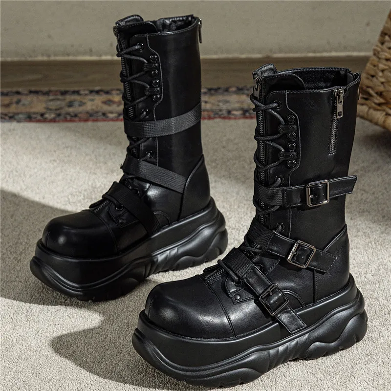2026 Autumn and Winter New Dark Punk Metal Platform Space-up Medium Goth Knight Women's Fashion Boots