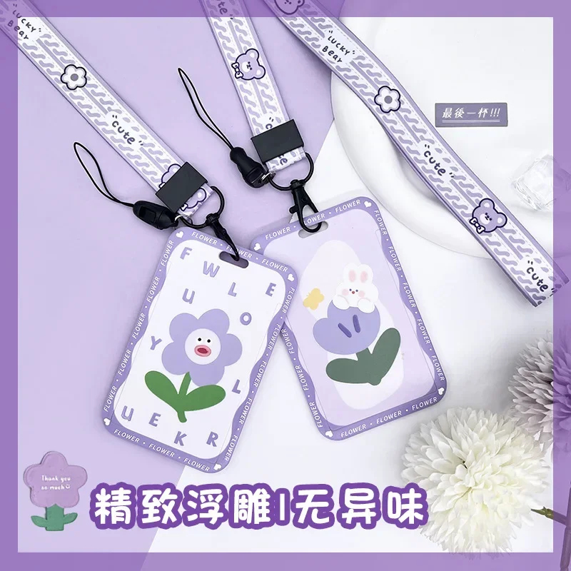 Funda con cordón para tarjeta de acceso, funda bonita con flores para estudiantes y Campus, funda con dibujos animados para autobús, funda para tarjeta de crédito