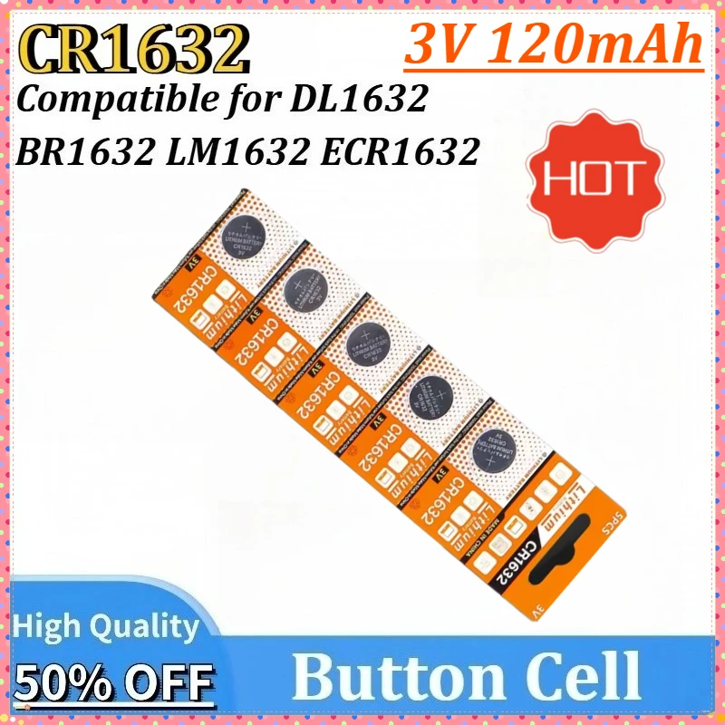 

5-100PCS 3V 120mAh CR1632 Newly upgraded Coin Cells CR1632 ECR1632 LM1632 DL1632 BR1632 Button Battery for Car Remote Key Watch