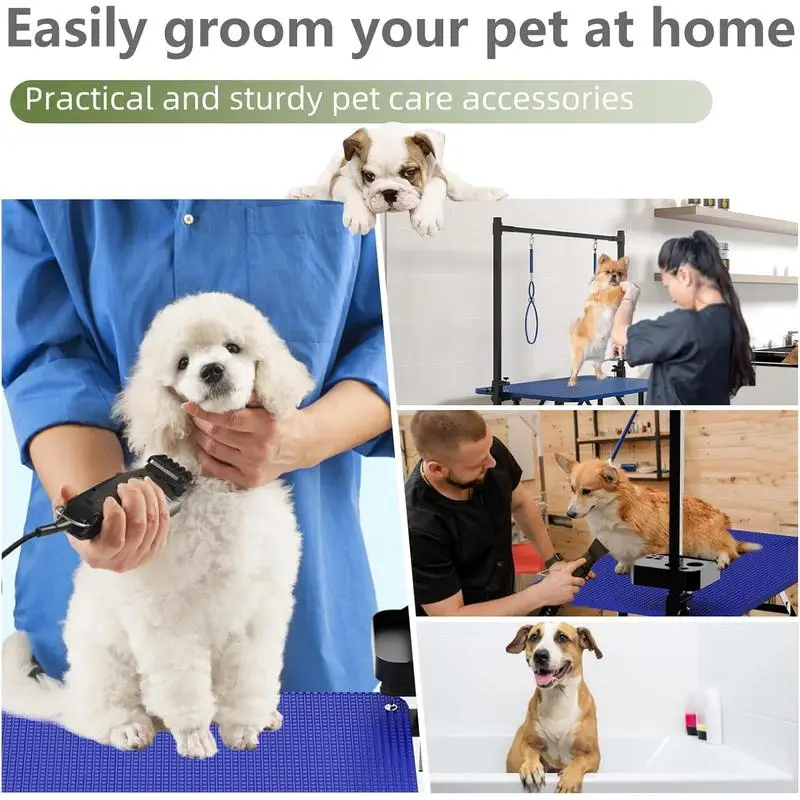 طاولة للعناية بالكلاب قابلة للطي مقاس 36 بوصة، محطة تجفيف للحيوانات الأليفة قابلة للتعديل مع أذرع وأكواب، صينية شبكية للاستخدام المنزلي - أزرق