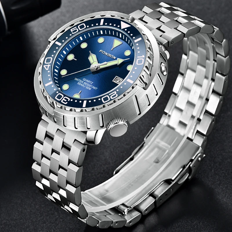 FOXBOX Top Brand Watch Fashion Luxury Outdoor Stainless Casual Sport Auto Date Waterproof Luminous Rotating Bezel Quartz Watches