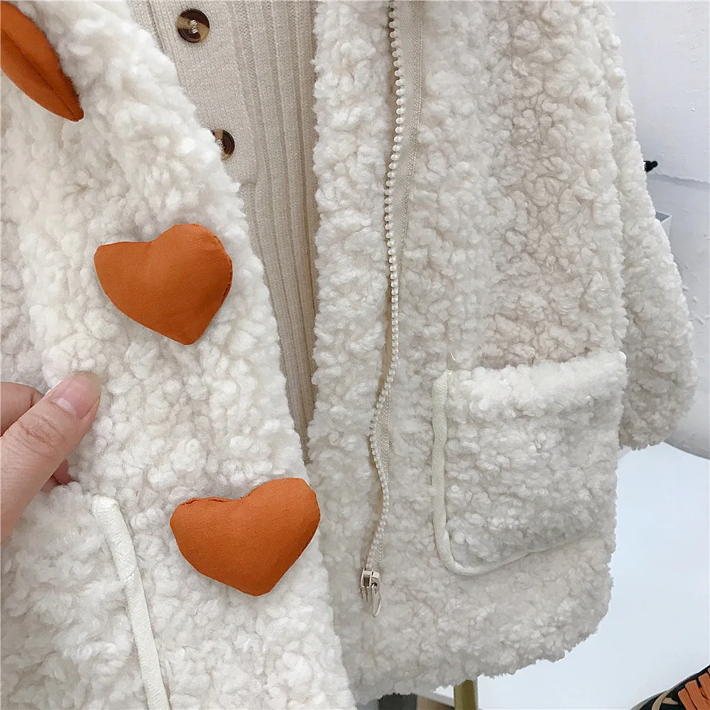 Girls Hooded Lamb Fur Coat Love Coat Autumn and Winter New Children Plush Thicken Stylish Baby Coat for Girls