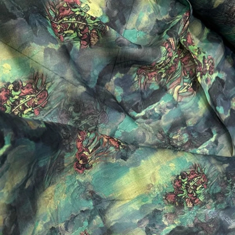 

Chinese-Style Blue-Green Landscape Ink-Wash Ramie Natural Hemp Fabric Breathable Zen-Inspired Robe & Modified Qipao Material