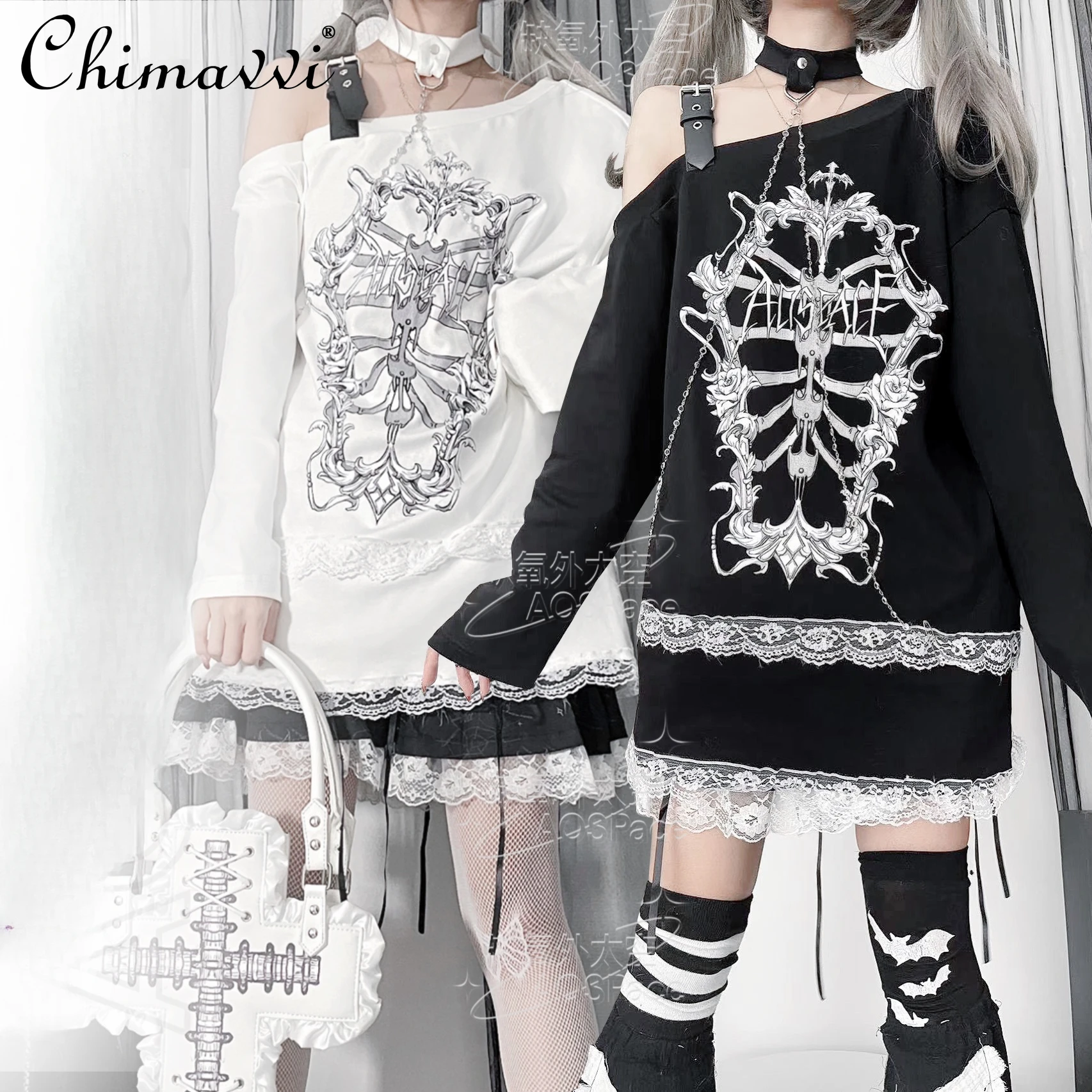 

Japanese Subculture Dark Girl Rib Print Spill Shoulder Lace Long-sleeved T-shirt Autumn Fashion Gothic Loose Mid-length Top