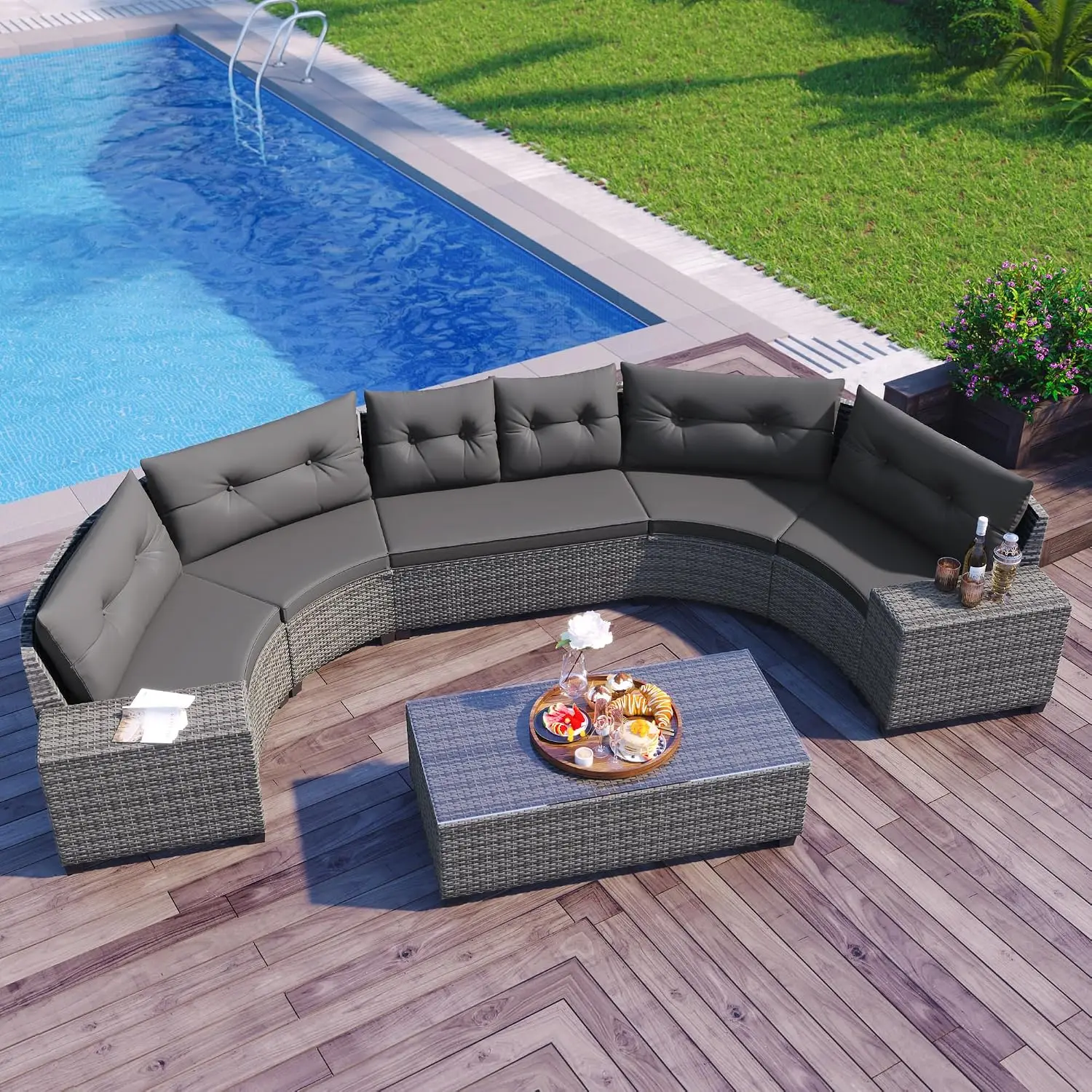 Curved Patio Sofa Set 8 Piece Outdoor Sectional Conversation Furniture Gray, Customized