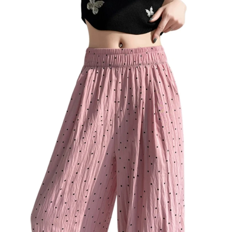 Women Casual Loose Wide Leg Pant Dot Print Elastic Waist Thin Straight Trousers Drop Shipping