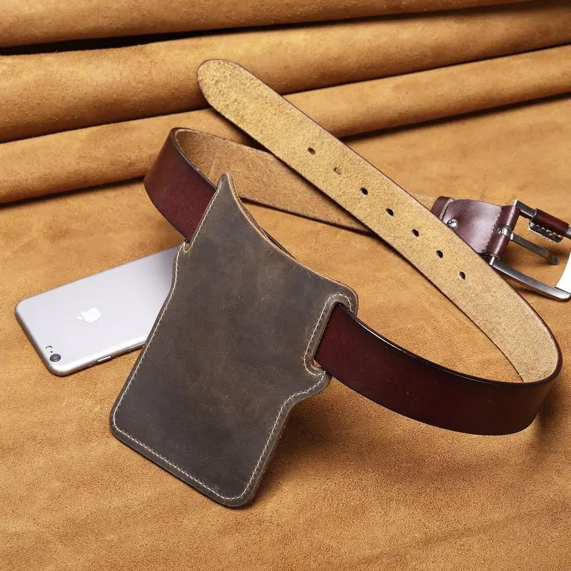 New Vintage Men's Cow Leather Waist Bag Small Male Outdoor Sports Waist Packs For Men  Mobile Phone Bag