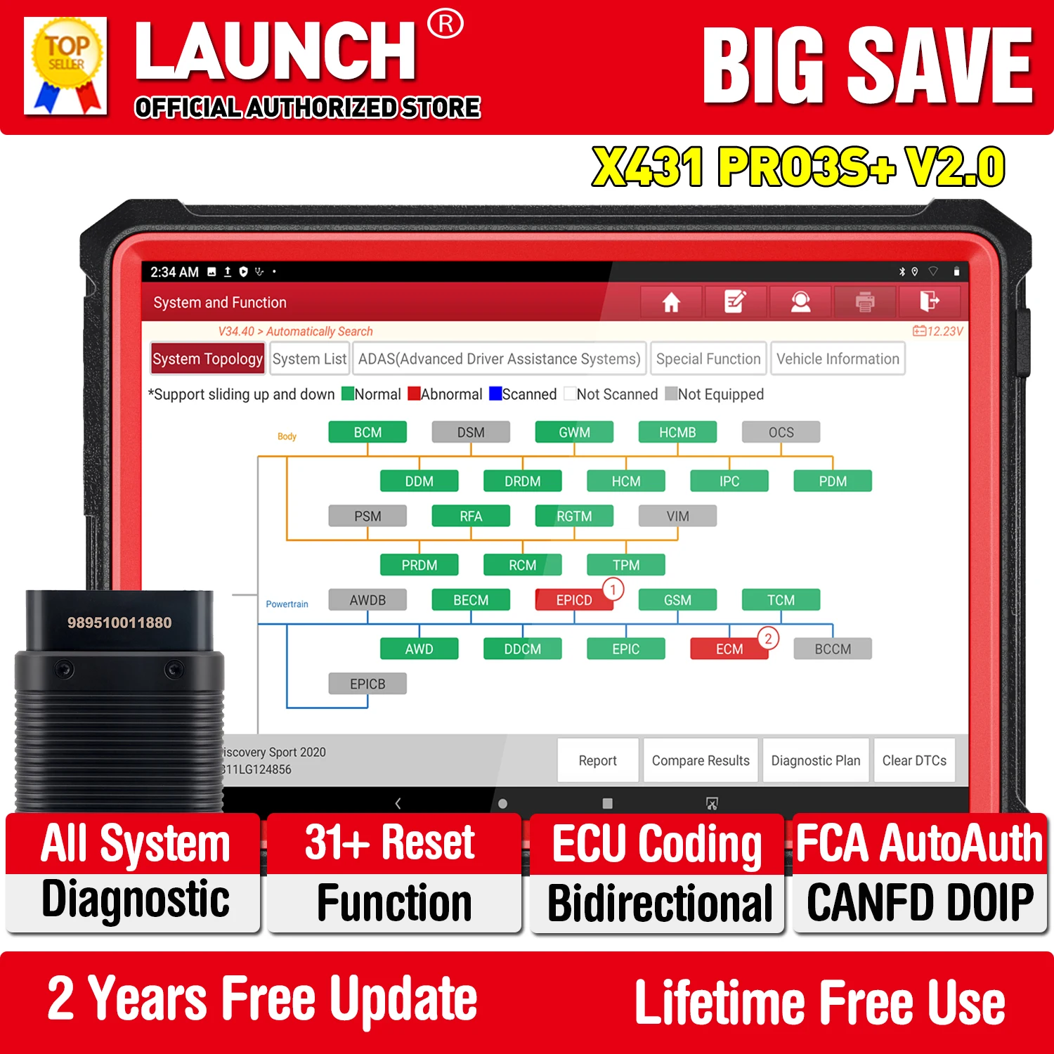 LAUNCH X431 PRO3S+ V2.0 10.1" أدوات تشخيص أعطال السيارات ترميز وحدة التحكم الإلكترونية الطوبولوجيا ثنائي الاتجاه خدمة 31+ دليل VAG CANFD DOIP FCA