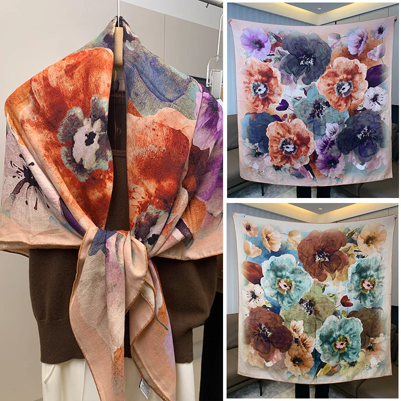 

Literary and beautiful flower jacquard silk wool scarf female ins design sense double-sided jacquard 130 large shawl tide