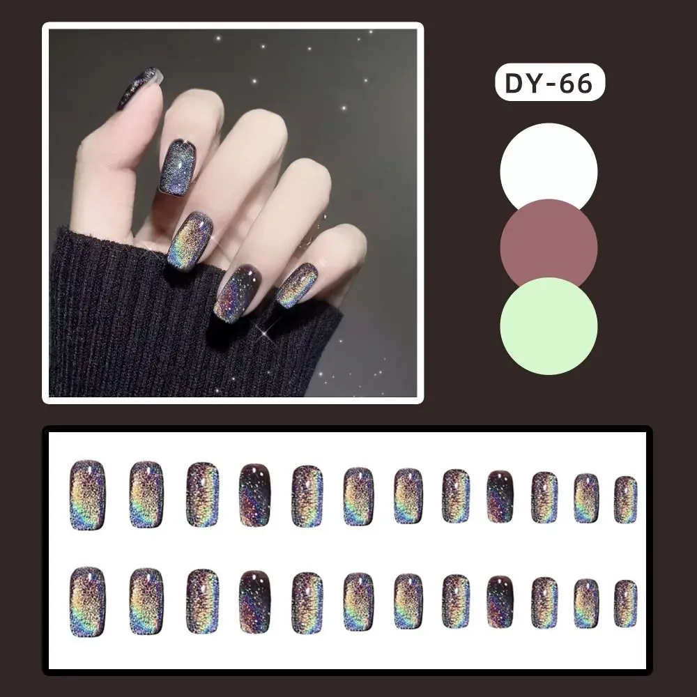 Unhas postiças com design olho de gato, 24pcs, destacável, flor branca, quadrado curto, francês, diy