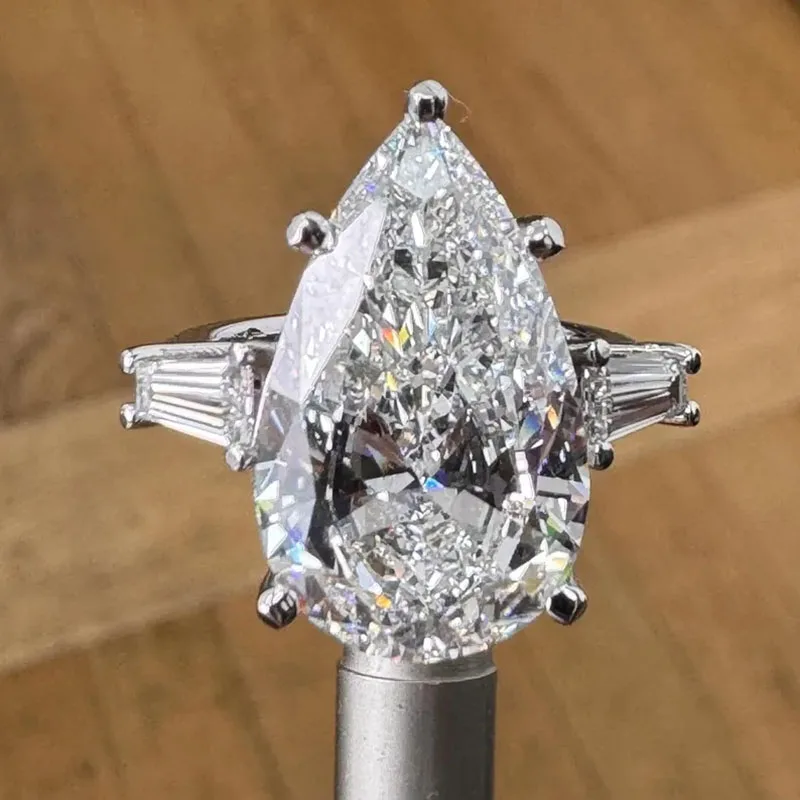 10 Carat Pear Shape Lab Grown Diamond IGI Certified DEF Color VS VVS Clarity Baguette Side Stones Engagement Ring 14k 10K Gold