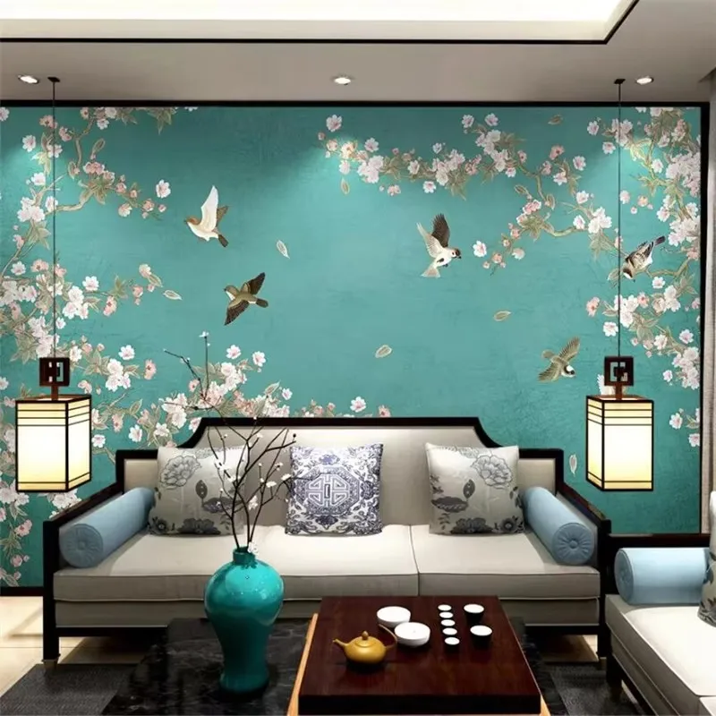 Custom wallpaper 3d mural begonia new Chinese hand-painted pen and flower sofa background wall magnolia hand-painted decorative