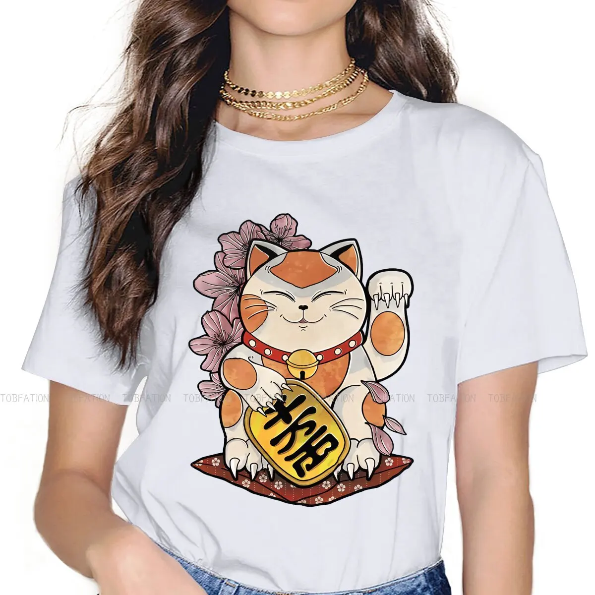 Lucky Neko Women's T Shirt Lucky Cat Girls Tees Harajuku O-neck Tops Basic Tshirt Oversized 5XL Fashion