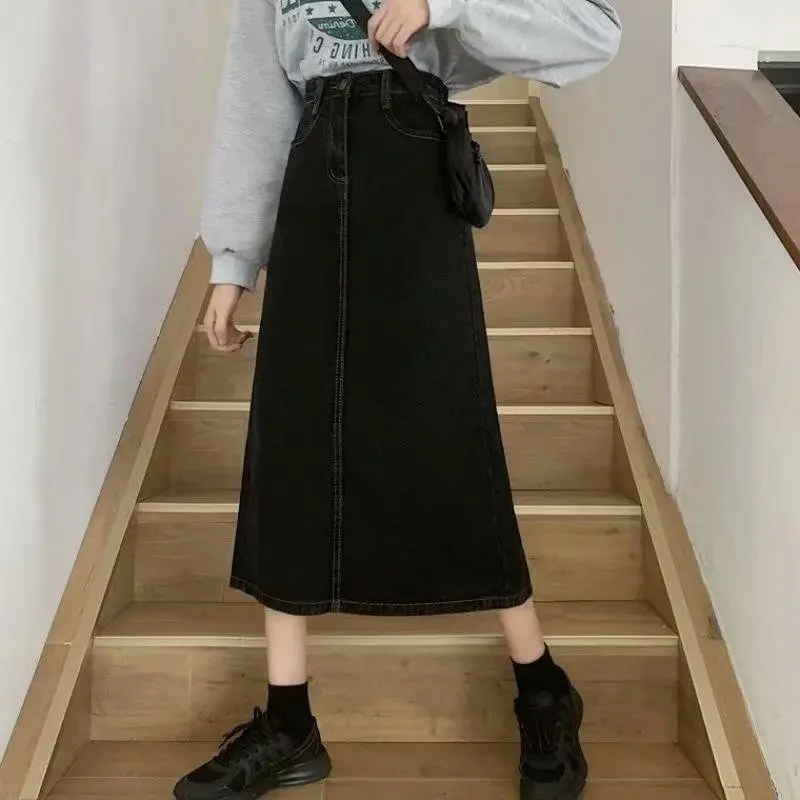 

High Waist Midi A-Line Denim Skirt Women's Cover Hip Split Design Sensation Spring Autumn Season Pure Color Faion Trend